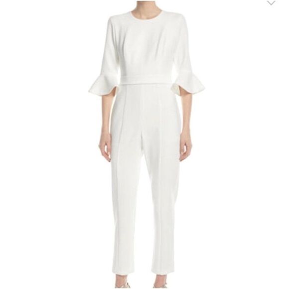 Black Halo Brooklyn Woman 3/4 Sleeve Ivory Crepe Jumpsuit Size 12 - Picture 1 of 9